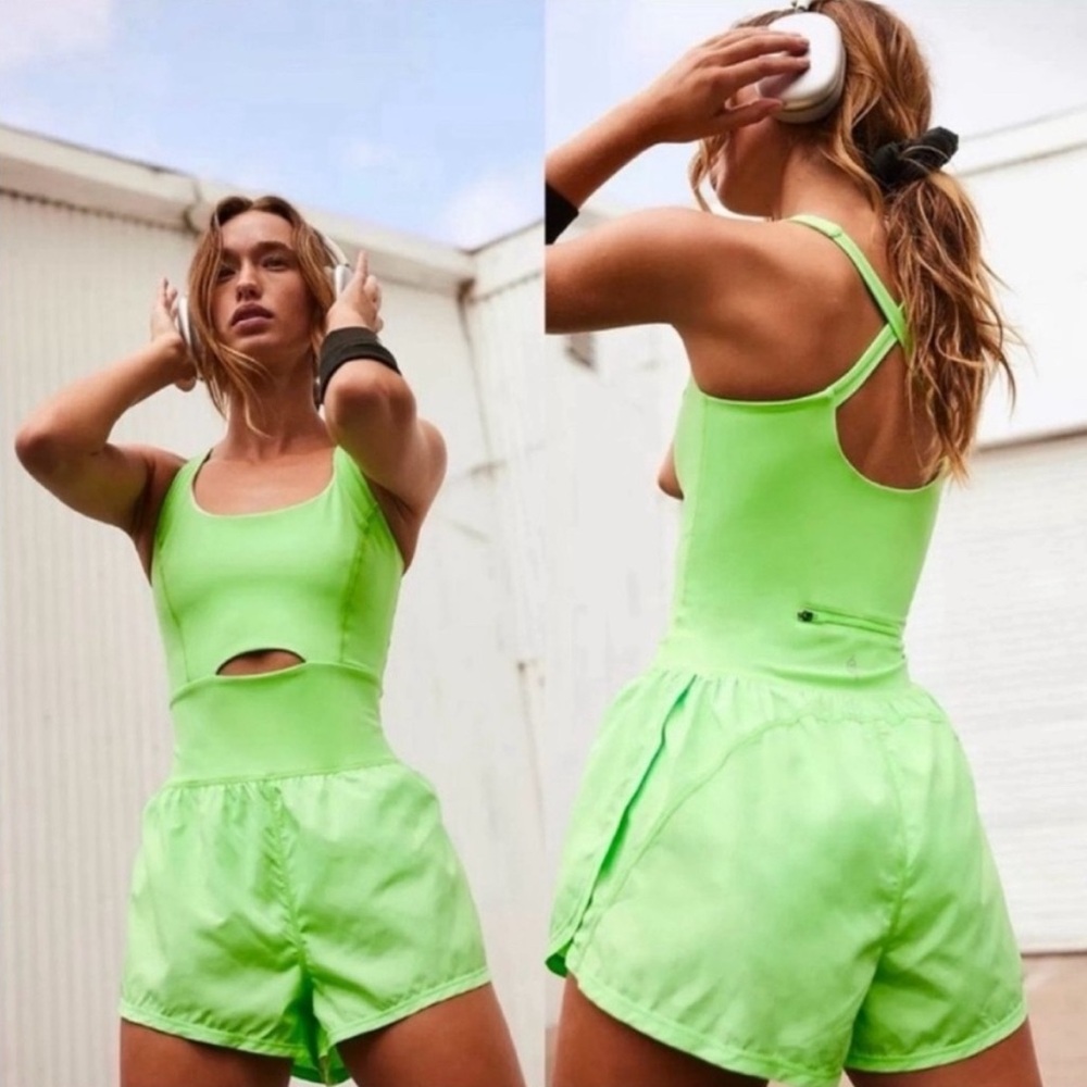 FP Movement Righteous Runsie Sz S Neon Lime Green Cutout Athletic Romper